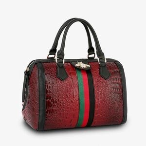 Red Croc-Embossed Satchel with Green-Red and Black Stripe